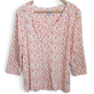 Chicos Womens Top Size 2 Large Orange V Neck Printed 3/4 Sleeve Pima Cotton